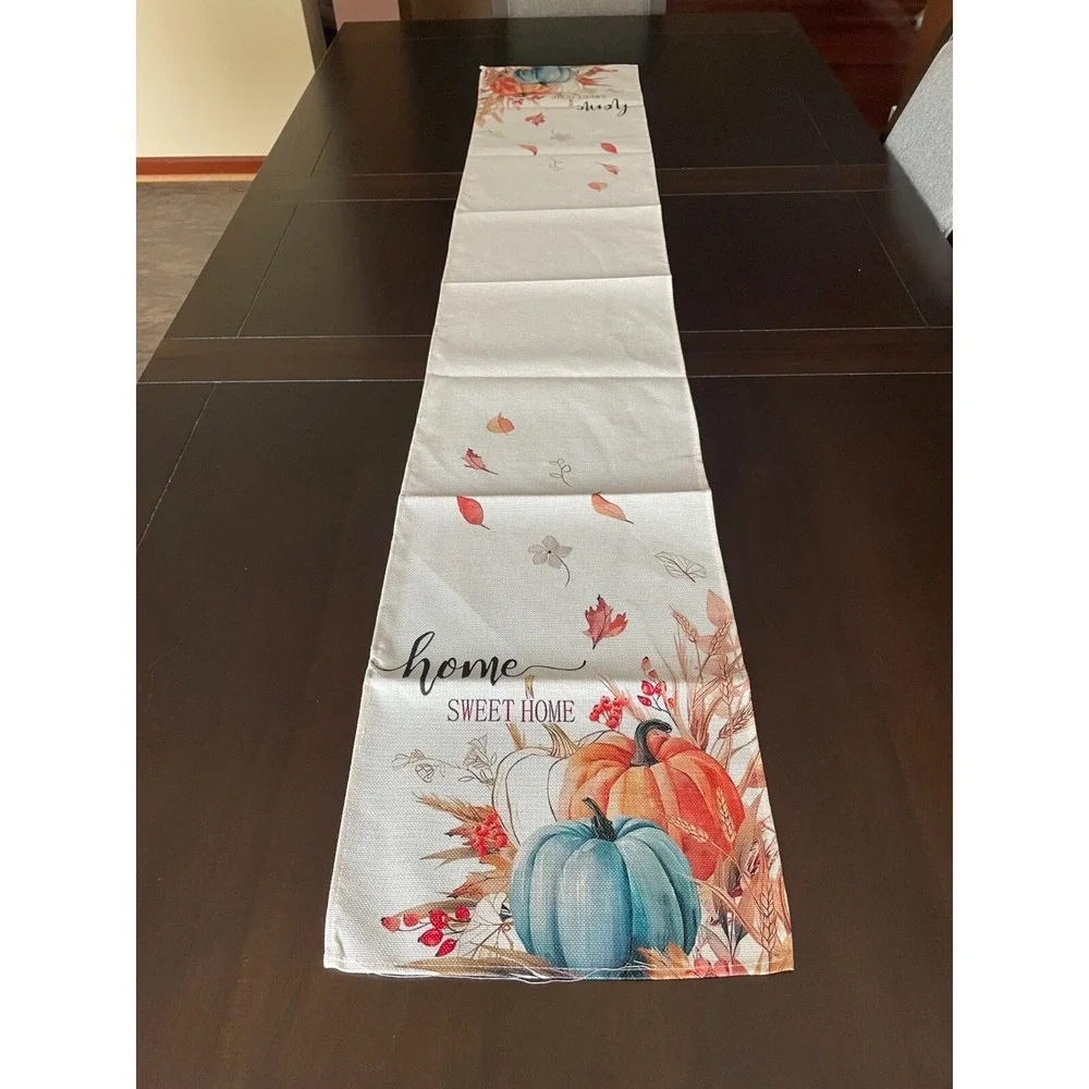 1pc Autumn Home Sweet Home Pumpkins Table Runner  72 Inches Long Burlap